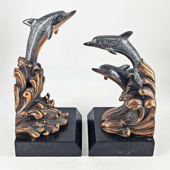 Vintage Pair Of copper Dolphin dolphins riding waves Bookends - Picture 3 of 4